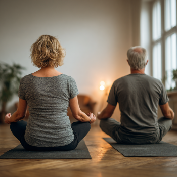 Група възрастни хора в йога поза